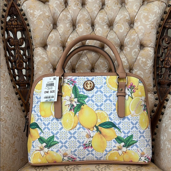 Lemon Print Satchel with Tan Handles - Picture 6 of 7